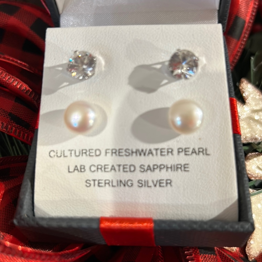 Pearl and Sapphire SS Pierced Stud Duo BNIB